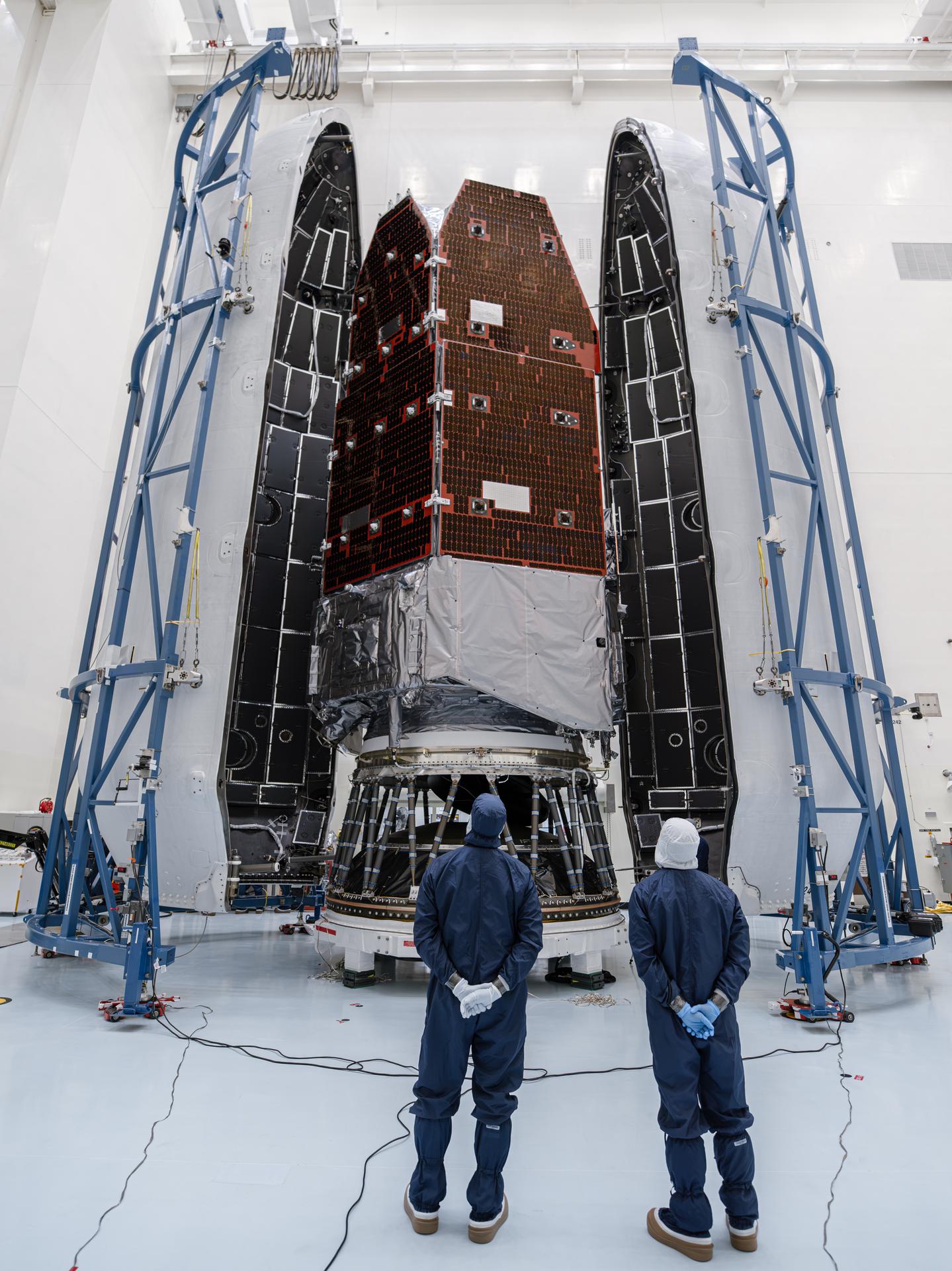 NASA’s Roman Telescope Enclosed in SpaceX Falcon Heavy Rocket Fairing